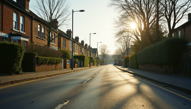 Eye-level view of a charming Coventry street with traditional houses and greenery