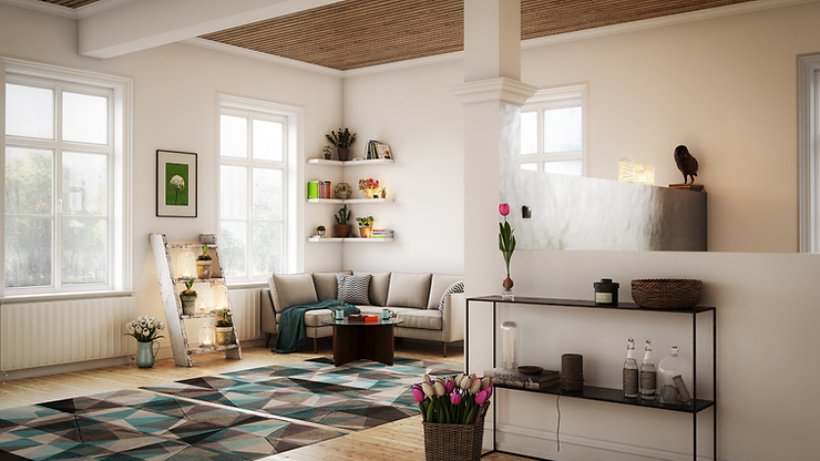 Bright living room with beige sofa, geometric rug, and shelves of plants. Tulips in baskets, artworks, and warm lighting create a cozy vibe.